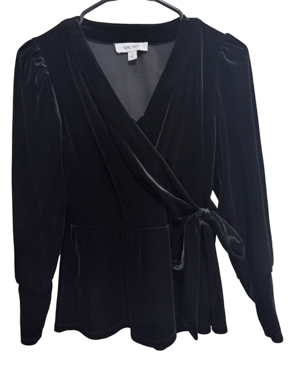 Nine West Black Velvet Wrap Top | Long Sleeve Peplum Blouse XS